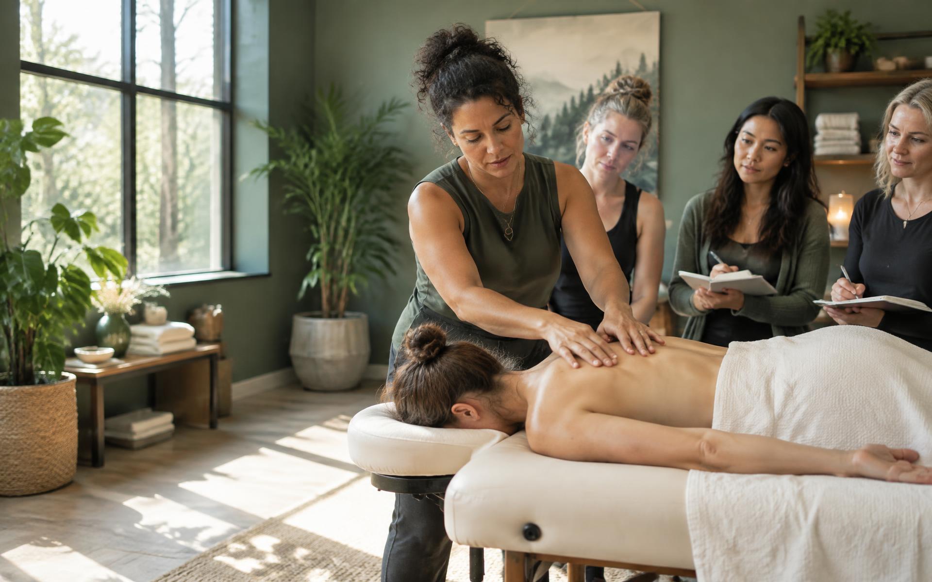 Massage educator demonstrating a hands-on technique
