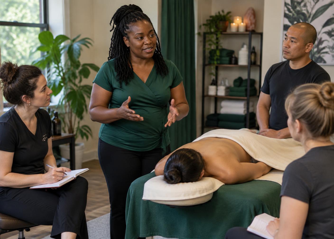 Instructor leading hands-on massage education